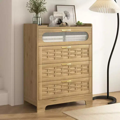 Commode à 4 tiroirs pour chambre à coucher, commode en rotin et bois, commodes hautes et grandes, commode de placard de chambre à coucher, bois