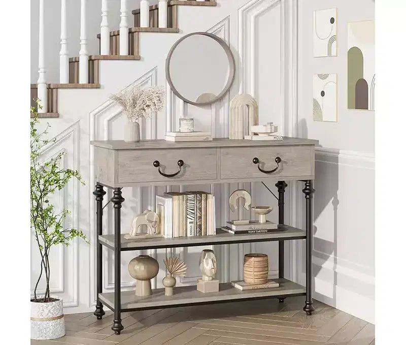 Petite console d'entrée avec 3 tiroirs, table de canapé étroite avec étagères de rangement pour salon, couloir, chambre à coucher