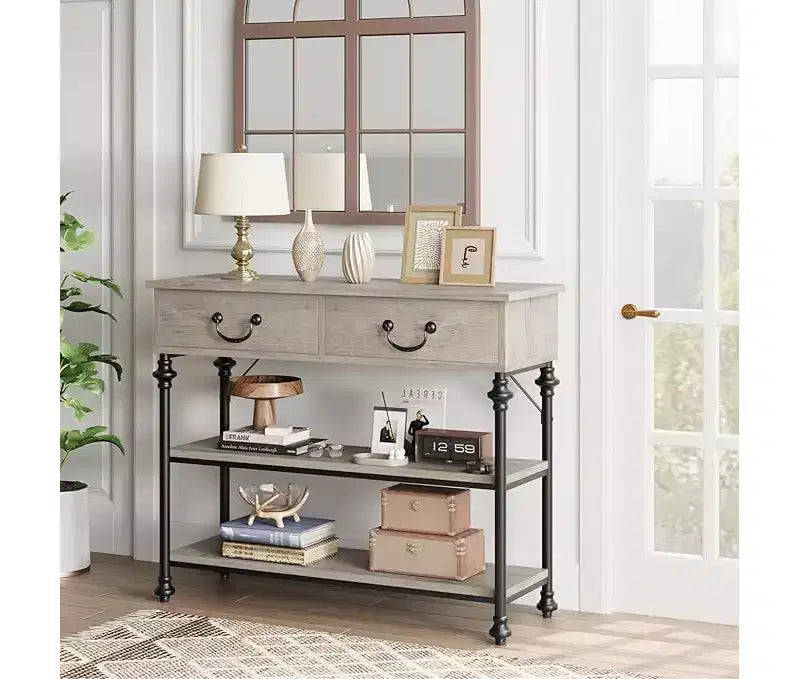 Petite console d'entrée avec 3 tiroirs, table de canapé étroite avec étagères de rangement pour salon, couloir, chambre à coucher