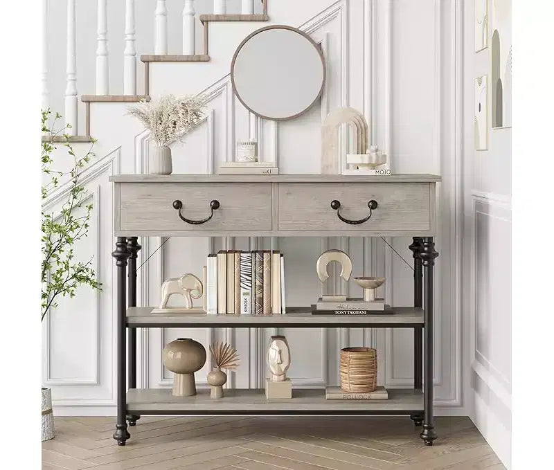 Petite console d'entrée avec 3 tiroirs, table de canapé étroite avec étagères de rangement pour salon, couloir, chambre à coucher