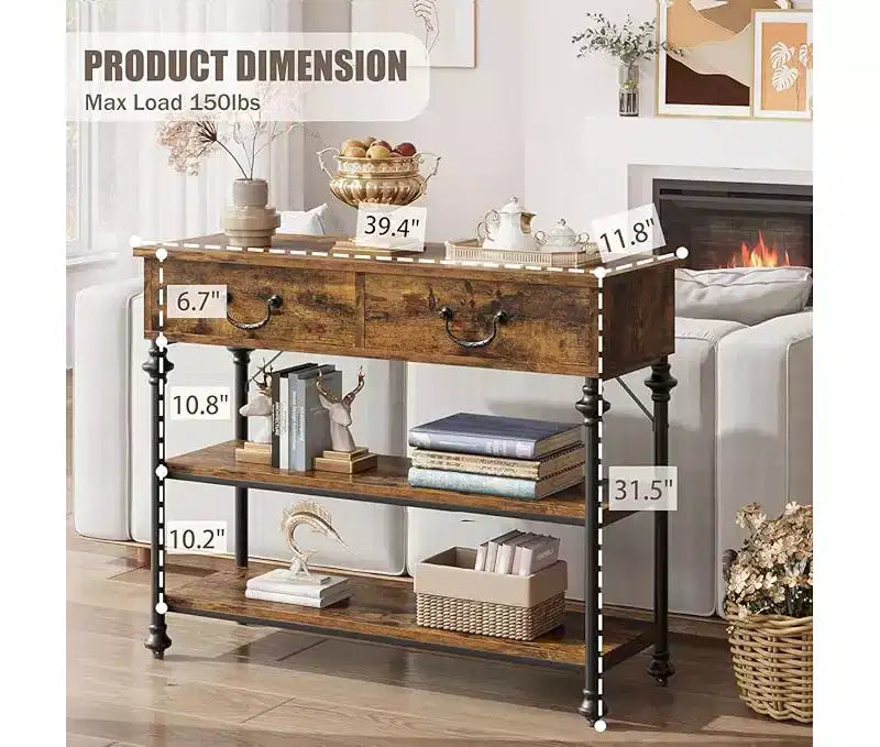 Petite console d'entrée avec 3 tiroirs, table de canapé étroite avec étagères de rangement pour salon, couloir, chambre à coucher