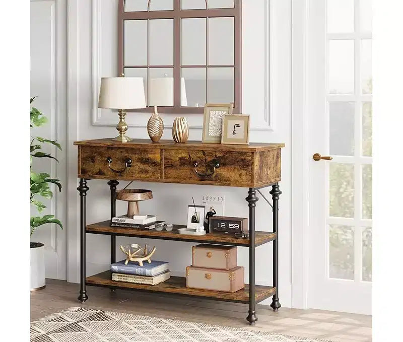 Petite console d'entrée avec 3 tiroirs, table de canapé étroite avec étagères de rangement pour salon, couloir, chambre à coucher
