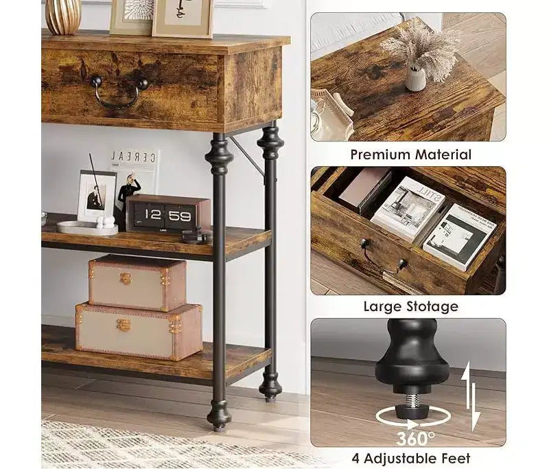 Petite console d'entrée avec 3 tiroirs, table de canapé étroite avec étagères de rangement pour salon, couloir, chambre à coucher
