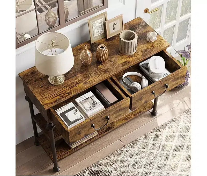 Petite console d'entrée avec 3 tiroirs, table de canapé étroite avec étagères de rangement pour salon, couloir, chambre à coucher