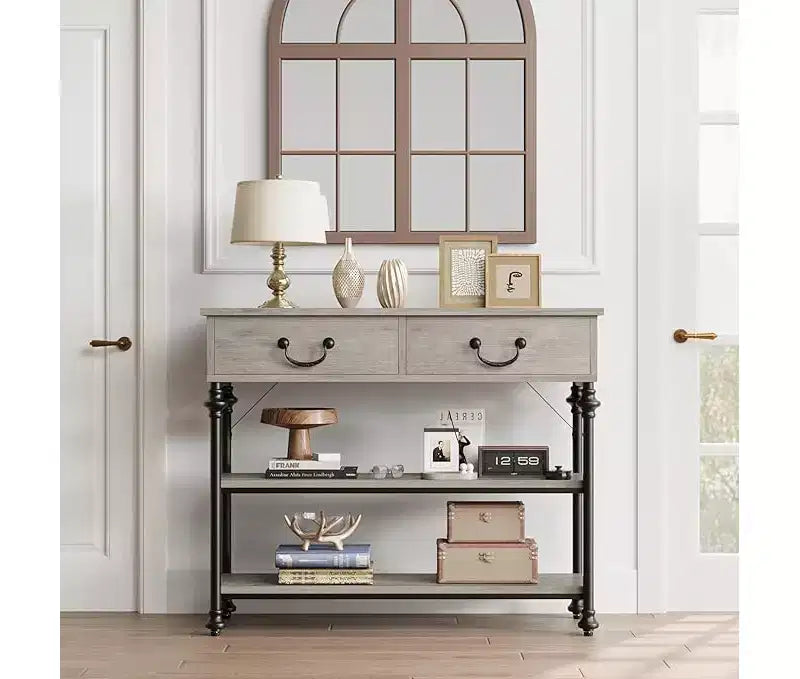 Petite console d'entrée avec 3 tiroirs, table de canapé étroite avec étagères de rangement pour salon, couloir, chambre à coucher