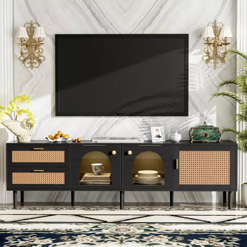 MAYEERTY Rattan TV Stand with 3 Cabinets & 2 Drawers, Rattan-inspired Media Console Table for TVs up to 80, TV Cabinet for Living Room Black
