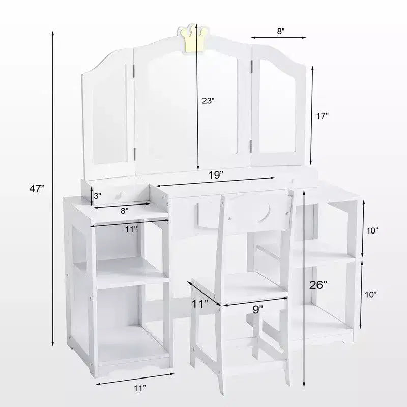 Table et Chaise de Coiffeuse 2 en 1 pour Enfants avec Armoire de Rangement et Miroir Triple Pliant pour Filles