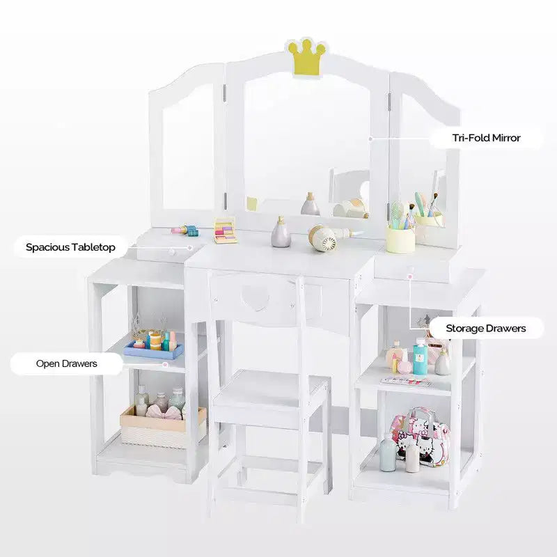 Table et Chaise de Coiffeuse 2 en 1 pour Enfants avec Armoire de Rangement et Miroir Triple Pliant pour Filles