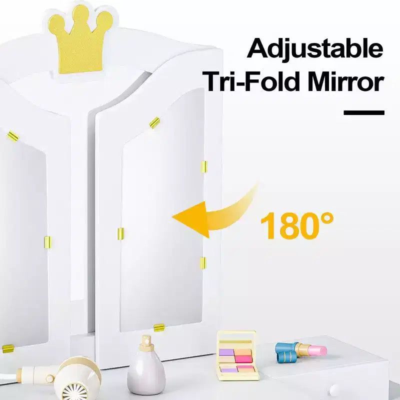 Table et Chaise de Coiffeuse 2 en 1 pour Enfants avec Armoire de Rangement et Miroir Triple Pliant pour Filles