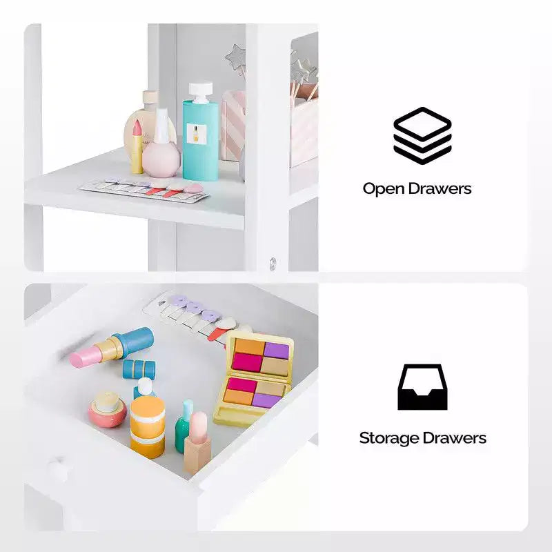 Table et Chaise de Coiffeuse 2 en 1 pour Enfants avec Armoire de Rangement et Miroir Triple Pliant pour Filles