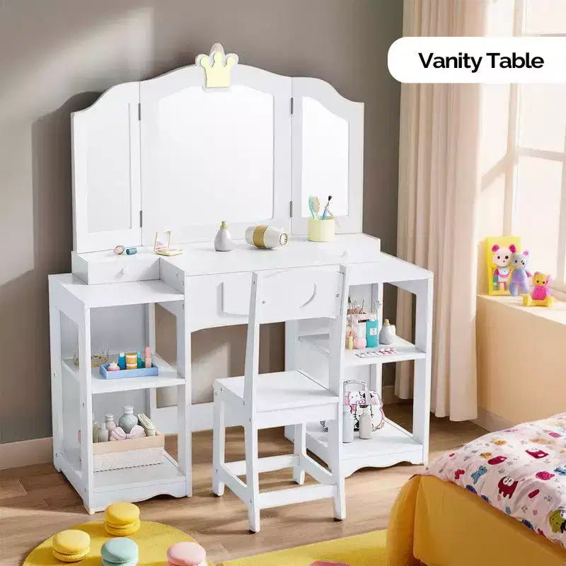 Table et Chaise de Coiffeuse 2 en 1 pour Enfants avec Armoire de Rangement et Miroir Triple Pliant pour Filles