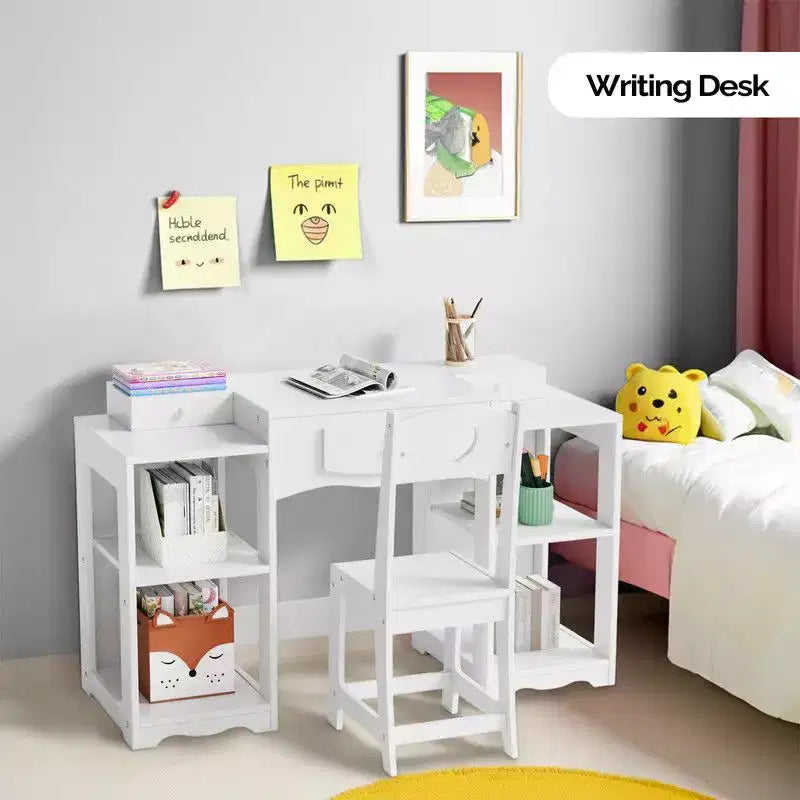 Table et Chaise de Coiffeuse 2 en 1 pour Enfants avec Armoire de Rangement et Miroir Triple Pliant pour Filles