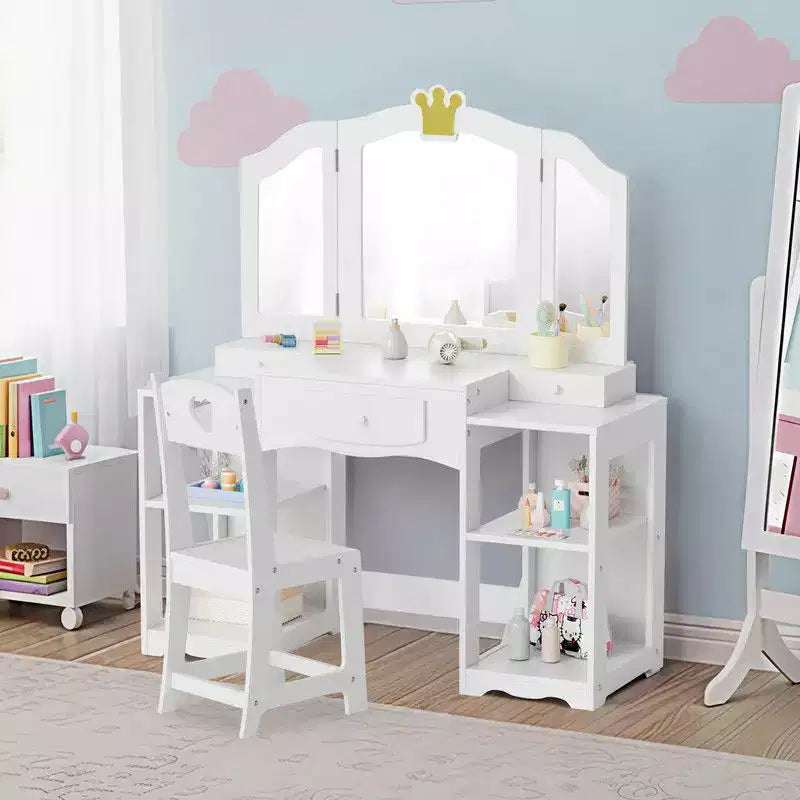 Table et Chaise de Coiffeuse 2 en 1 pour Enfants avec Armoire de Rangement et Miroir Triple Pliant pour Filles