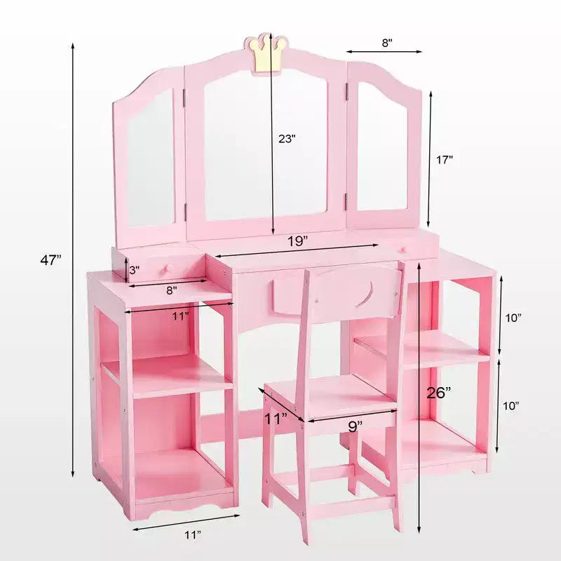 Table et Chaise de Coiffeuse 2 en 1 pour Enfants avec Armoire de Rangement et Miroir Triple Pliant pour Filles