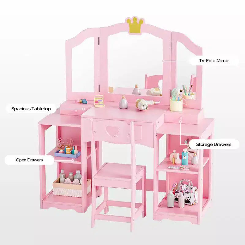 Table et Chaise de Coiffeuse 2 en 1 pour Enfants avec Armoire de Rangement et Miroir Triple Pliant pour Filles