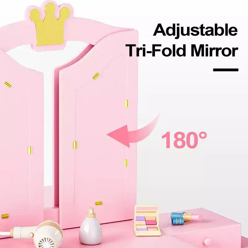 Table et Chaise de Coiffeuse 2 en 1 pour Enfants avec Armoire de Rangement et Miroir Triple Pliant pour Filles