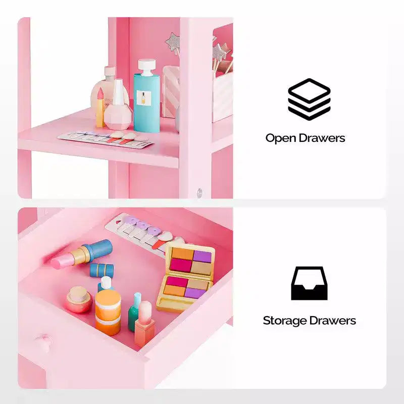 Table et Chaise de Coiffeuse 2 en 1 pour Enfants avec Armoire de Rangement et Miroir Triple Pliant pour Filles