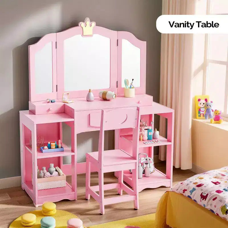 Table et Chaise de Coiffeuse 2 en 1 pour Enfants avec Armoire de Rangement et Miroir Triple Pliant pour Filles