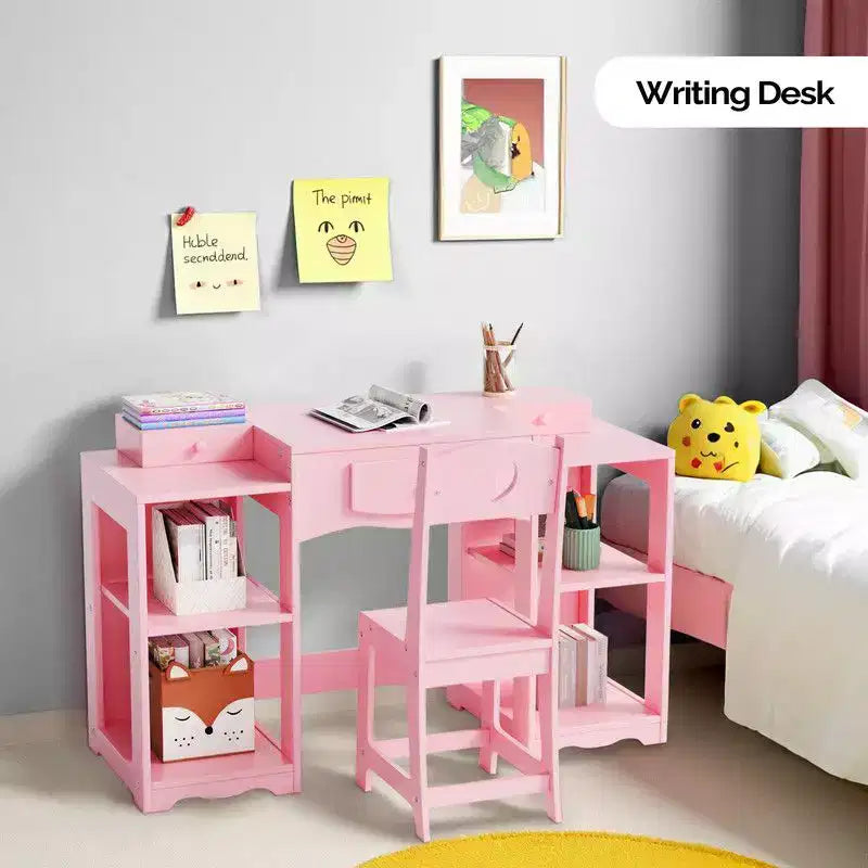 Table et Chaise de Coiffeuse 2 en 1 pour Enfants avec Armoire de Rangement et Miroir Triple Pliant pour Filles