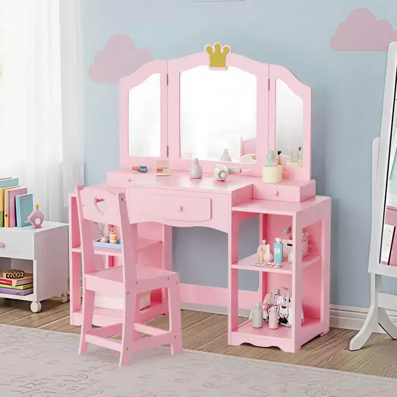 Table et Chaise de Coiffeuse 2 en 1 pour Enfants avec Armoire de Rangement et Miroir Triple Pliant pour Filles