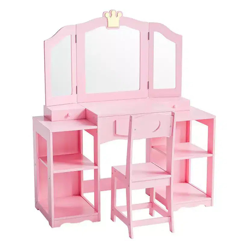 Table et Chaise de Coiffeuse 2 en 1 pour Enfants avec Armoire de Rangement et Miroir Triple Pliant pour Filles