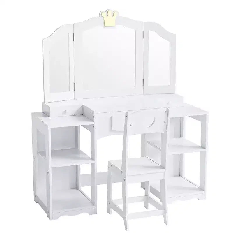 Karl Home Kids Vanity Table and Chair Set, 2 in 1 Girls Vanity Storage Cabinet w/Tri-Folding Mirror