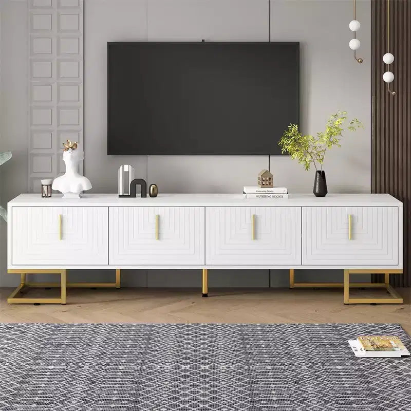 Meuble TV pour téléviseur de plus de 80 pouces, meuble TV multifonctionnel géométrique moderne et minimaliste avec armoires de rangement, poignées et pieds en métal