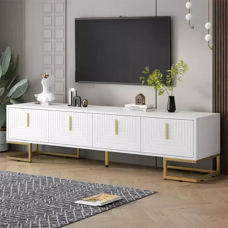 Meuble TV pour téléviseur de plus de 80 pouces, meuble TV multifonctionnel géométrique moderne et minimaliste avec armoires de rangement, poignées et pieds en métal
