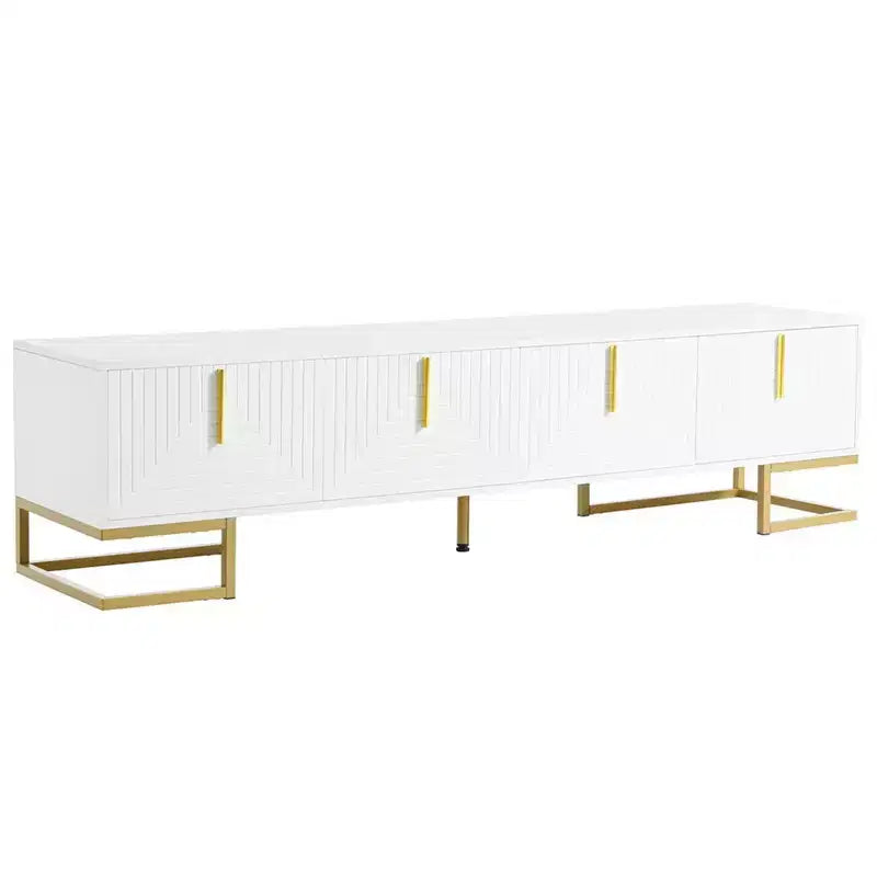 Meuble TV pour téléviseur de plus de 80 pouces, meuble TV multifonctionnel géométrique moderne et minimaliste avec armoires de rangement, poignées et pieds en métal