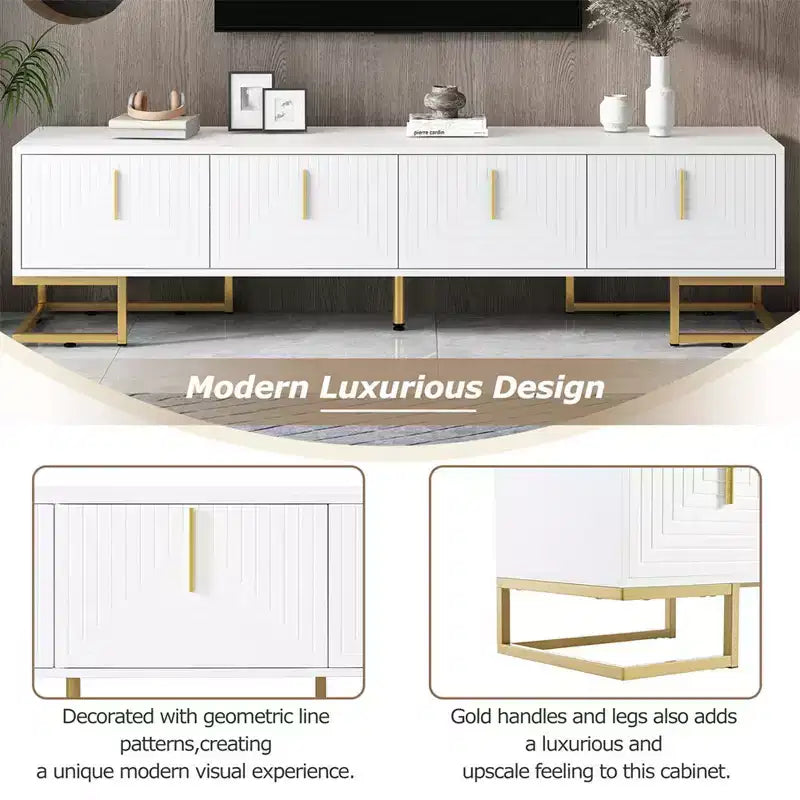 Meuble TV pour téléviseur de plus de 80 pouces, meuble TV multifonctionnel géométrique moderne et minimaliste avec armoires de rangement, poignées et pieds en métal