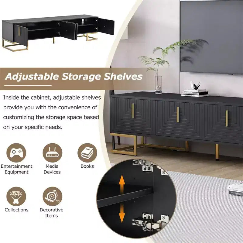 Meuble TV pour téléviseur de plus de 80 pouces, meuble TV multifonctionnel géométrique moderne et minimaliste avec armoires de rangement, poignées et pieds en métal