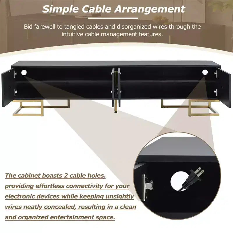 Meuble TV pour téléviseur de plus de 80 pouces, meuble TV multifonctionnel géométrique moderne et minimaliste avec armoires de rangement, poignées et pieds en métal