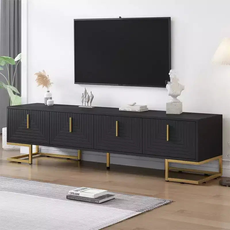 Meuble TV pour téléviseur de plus de 80 pouces, meuble TV multifonctionnel géométrique moderne et minimaliste avec armoires de rangement, poignées et pieds en métal
