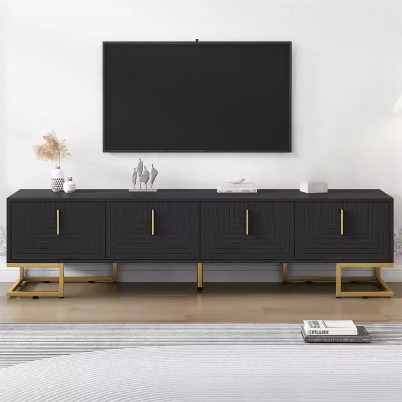 Meuble TV pour téléviseur de plus de 80 pouces, meuble TV multifonctionnel géométrique moderne et minimaliste avec armoires de rangement, poignées et pieds en métal