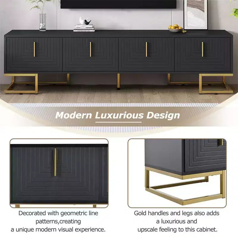 Meuble TV pour téléviseur de plus de 80 pouces, meuble TV multifonctionnel géométrique moderne et minimaliste avec armoires de rangement, poignées et pieds en métal