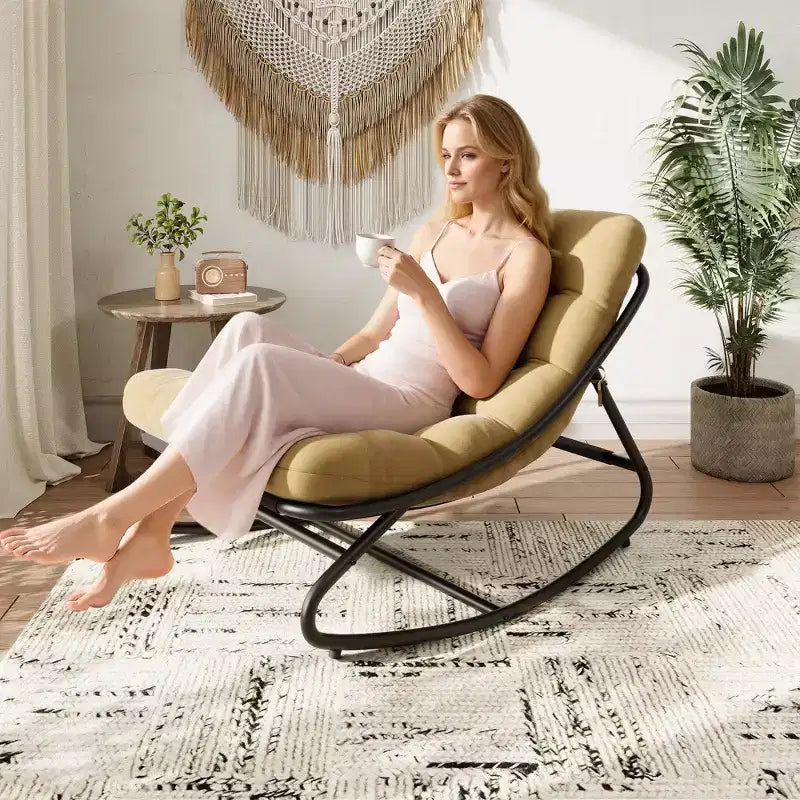 Papasan Rocking Chair with Cushion, Oversized Outdoor Rocking Chair, All Weather Rocking Papasan Chair for Bedroom/Living Room/Porch/Garden/Patio
