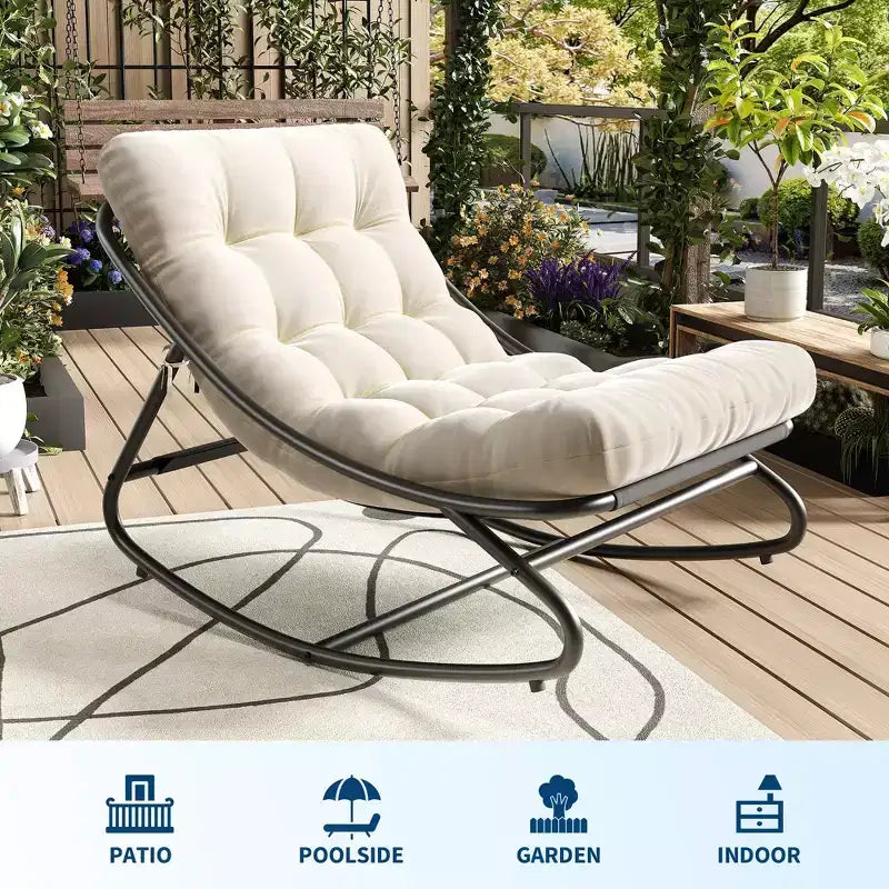 Papasan Rocking Chair with Cushion, Oversized Outdoor Rocking Chair, All Weather Rocking Papasan Chair for Bedroom/Living Room/Porch/Garden/Patio