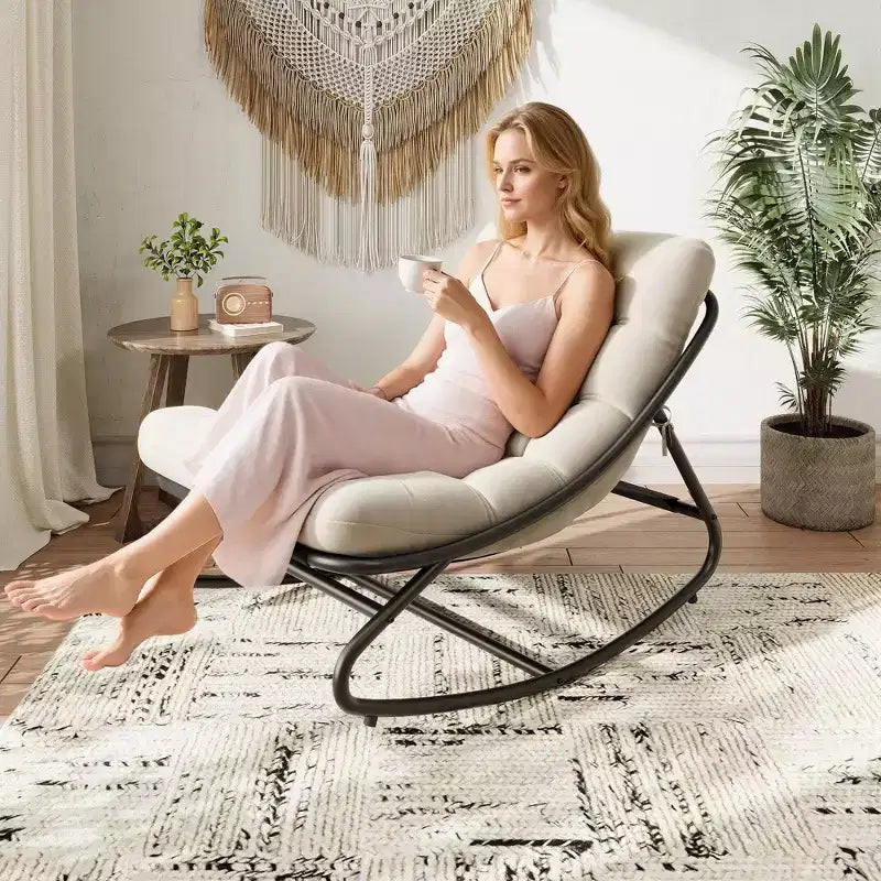 Papasan Rocking Chair with Cushion, Oversized Outdoor Rocking Chair, All Weather Rocking Papasan Chair for Bedroom/Living Room/Porch/Garden/Patio