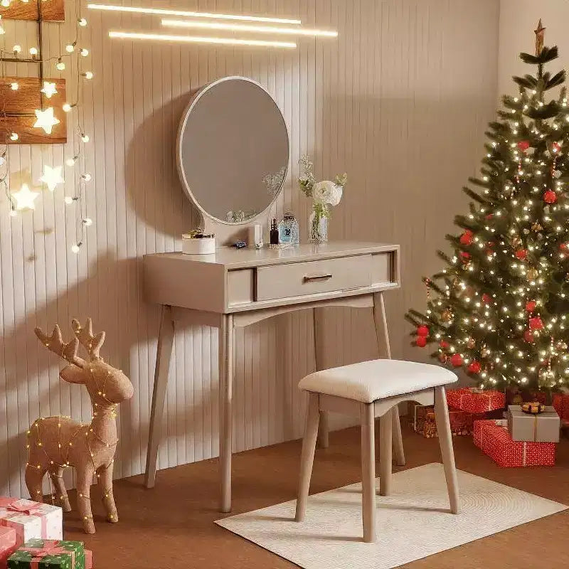 JVNOXK32.28-inch modern wooden round mirror vanity with tapered legs. Includes drawers with metal slides and stool set, gold