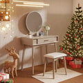 JVNOXK32.28-inch modern wooden round mirror vanity with tapered legs. Includes drawers with metal slides and stool set, gold
