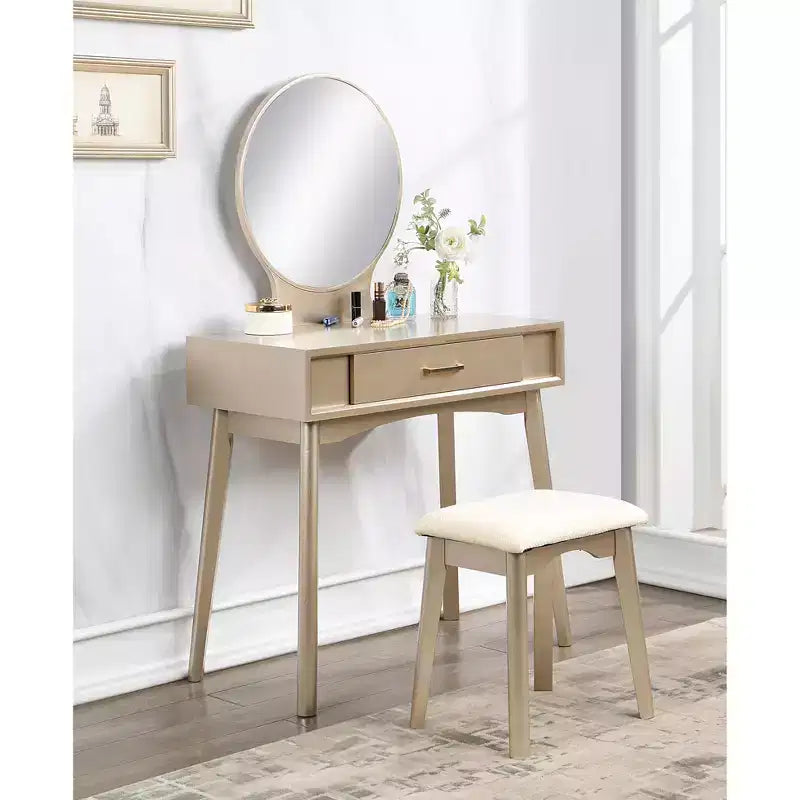 JVNOXK32.28-inch modern wooden round mirror vanity with tapered legs. Includes drawers with metal slides and stool set, gold