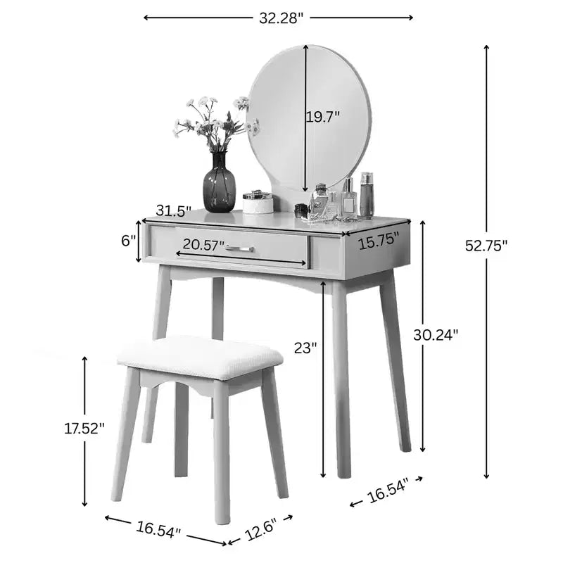 JVNOXK32.28-inch modern wooden round mirror vanity with tapered legs. Includes drawers with metal slides and stool set, gold