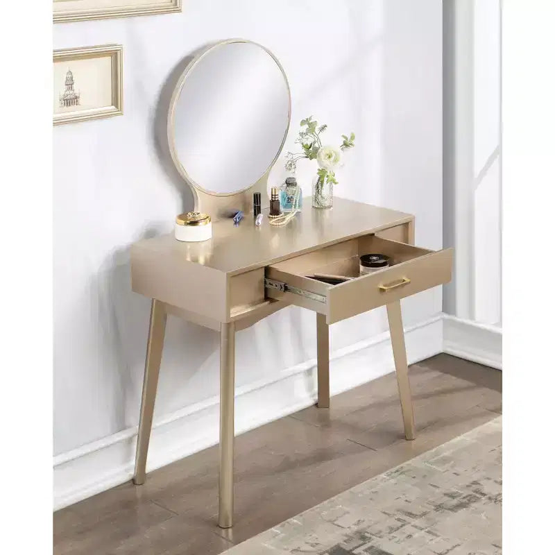 JVNOXK32.28-inch modern wooden round mirror vanity with tapered legs. Includes drawers with metal slides and stool set, gold