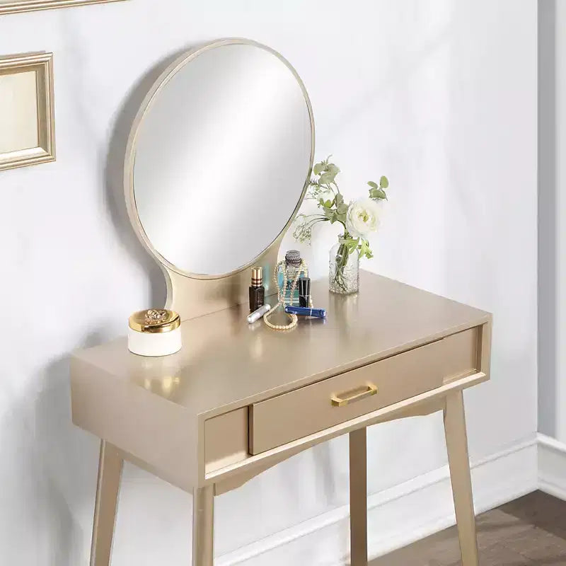 JVNOXK32.28-inch modern wooden round mirror vanity with tapered legs. Includes drawers with metal slides and stool set, gold