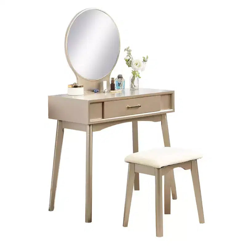 JVNOXK32.28-inch modern wooden round mirror vanity with tapered legs. Includes drawers with metal slides and stool set, gold