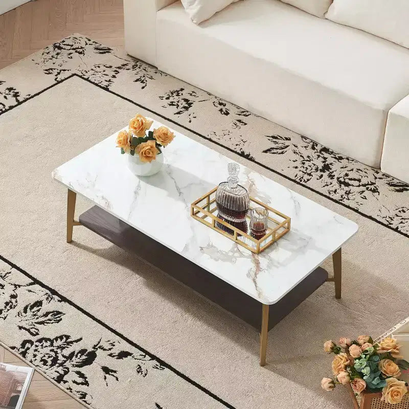 TUYOHW 2-Tier Coffee Table for Living Room,47.2 Rectangular Center Table for Living Room,Wooden Side Table with Metal Frame,White/Gold