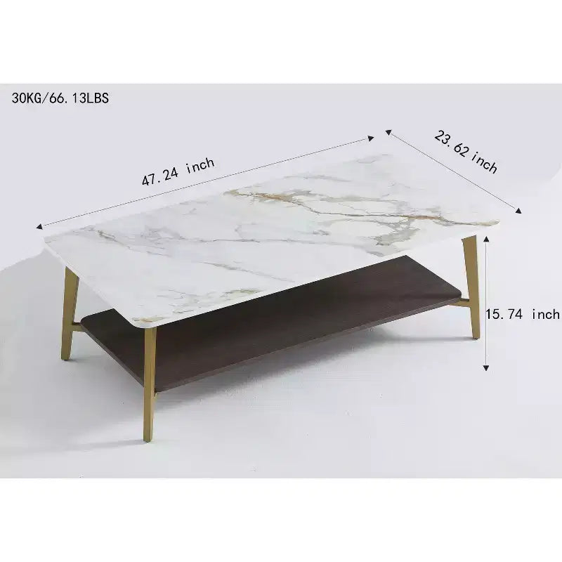 TUYOHW 2-Tier Coffee Table for Living Room,47.2 Rectangular Center Table for Living Room,Wooden Side Table with Metal Frame,White/Gold