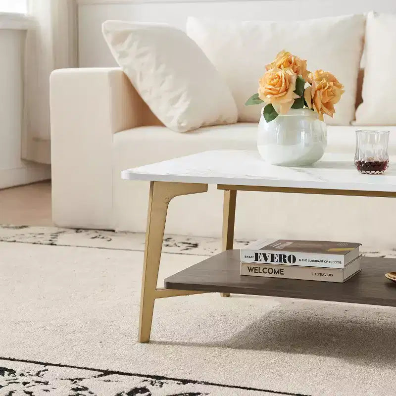 TUYOHW 2-Tier Coffee Table for Living Room,47.2 Rectangular Center Table for Living Room,Wooden Side Table with Metal Frame,White/Gold