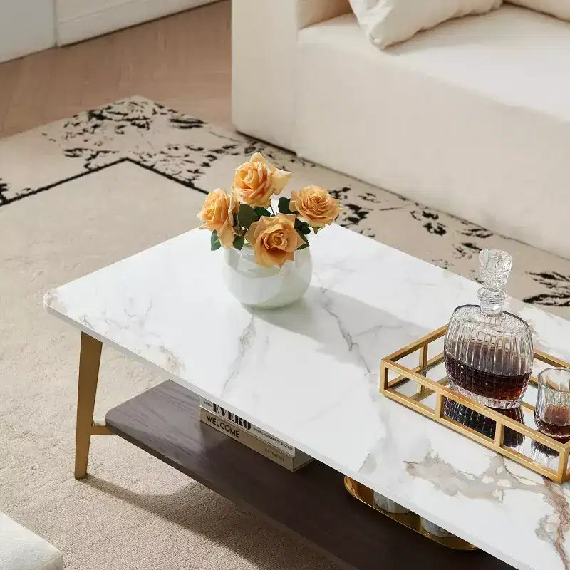 TUYOHW 2-Tier Coffee Table for Living Room,47.2 Rectangular Center Table for Living Room,Wooden Side Table with Metal Frame,White/Gold