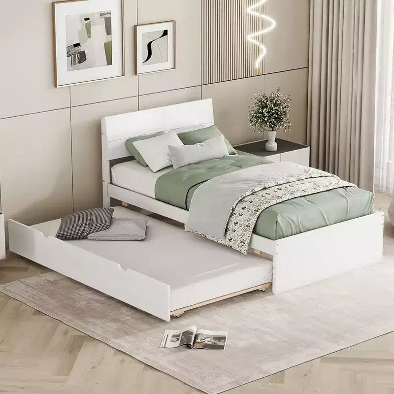 Modern Twin Bed Frame With Twin Trundle, Solid Wood Platform Bed With Headboard, No Box Spring Needed, Wooden Slats Supports, White
